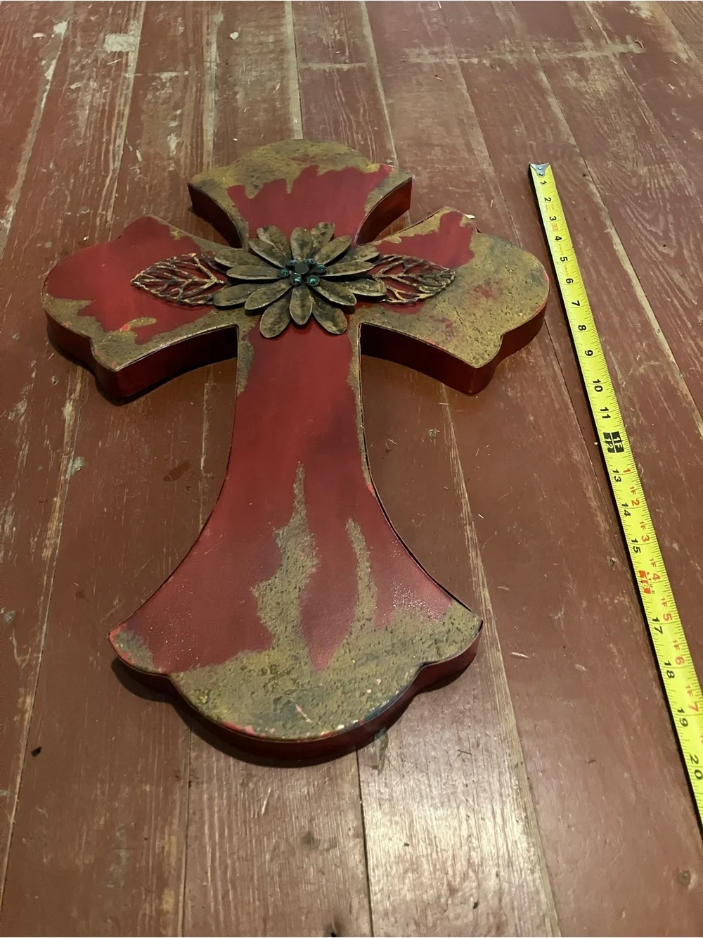 Decorative Red Distressed Wall Cross with Floral Accent